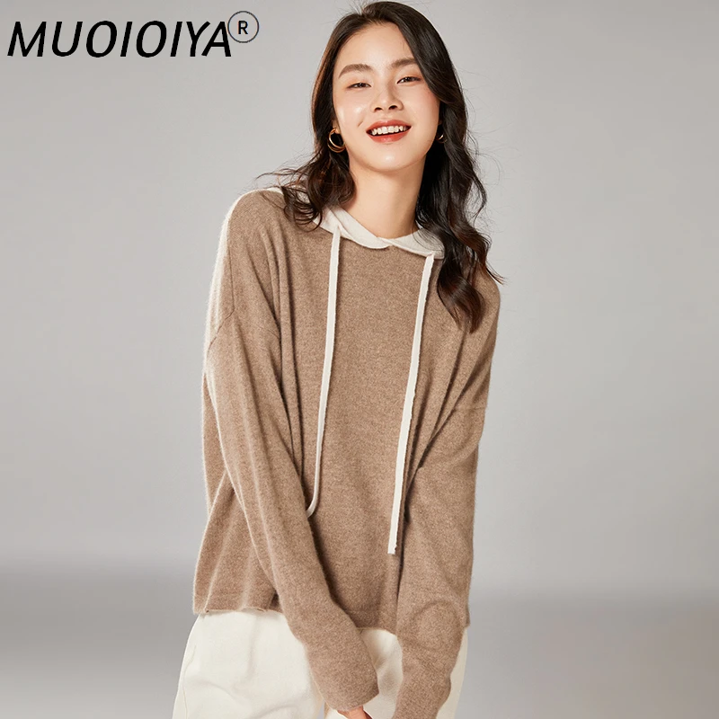 

Women Knitwears Hooded 100% Pure Merino Wool Knitted Sweaters With Hat 2022 Winter Soft Loose Pullovers Female Jumpers