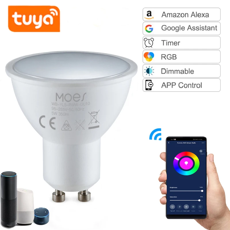 

8 шт., Wi-Fi, смарт-светодиодные лампы GU10 Точечный светильник RGBW + CW 5 Вт Tuya дистанционного Управление приложение Smart Life Светильник лампы работат...