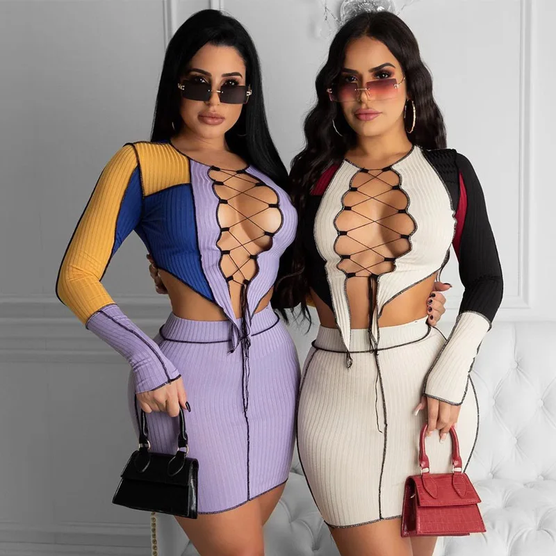 

Long Sleeve Tie Front Top and Mini Skirt Sets Sexy Patchwork Two Pieces Shorts Bandage Club Outfits Women Girl Y2k Fashon Suits