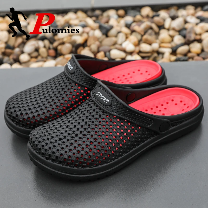 

PULOMIES Summer Men Slippers Massage Clogs Outdoor Garden Shoes Men Pool Sandals Bathroom Cross-tied Slides Mules Beach Slippers