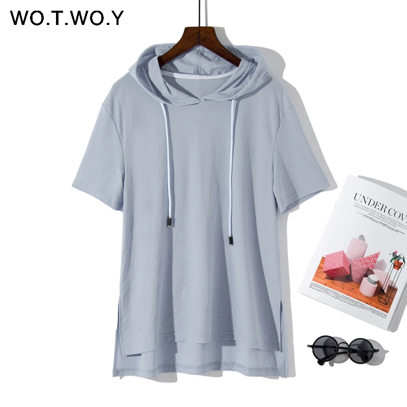 WOTWOY 9 красочных футболок с капюшоном для женщин летние хлопковые базовые повседневные свободные топы с коротким рукавом женские белые толстовки размера плюс