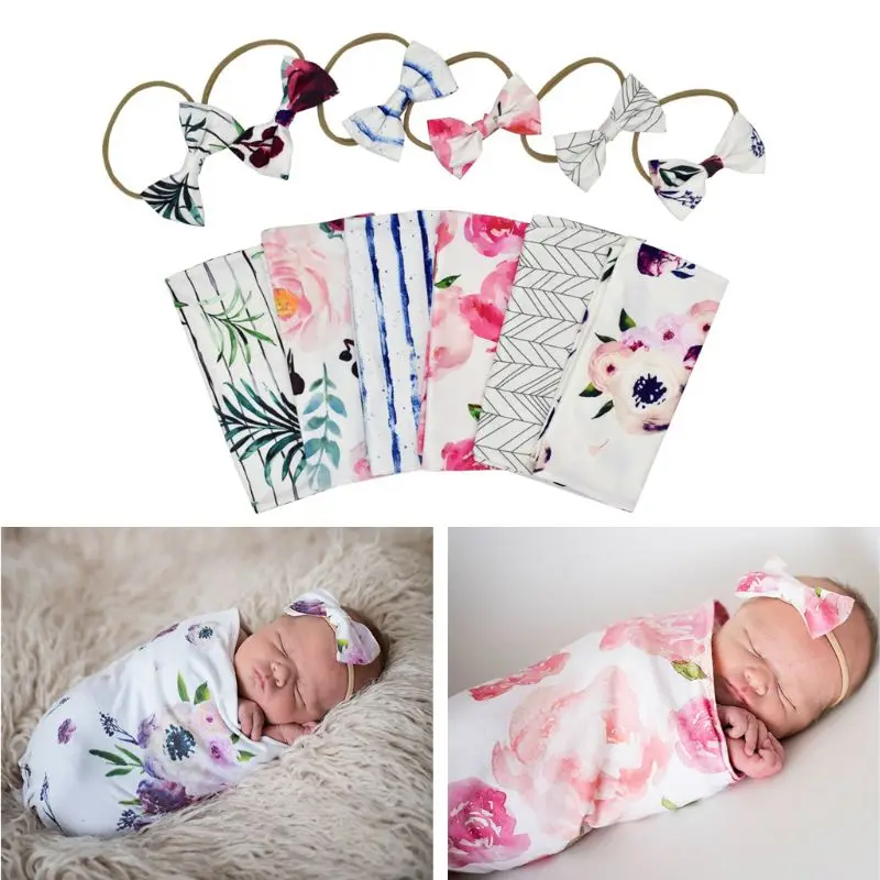 

Newborn Photography Prop Baby Blankets Printed Newborn Infant Baby Boys Girls Sleeping Swaddle Muslin Wrap +Headband 2PCS 57BF
