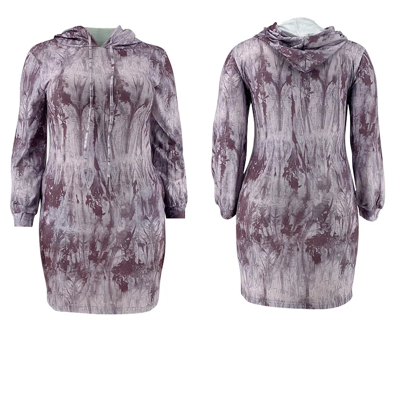 

Large Size Women New Casual Dress Tie-dye Printing with Side Pockets Hooded Plus Size Women's Dress Vestidos Mujer XL-5XL