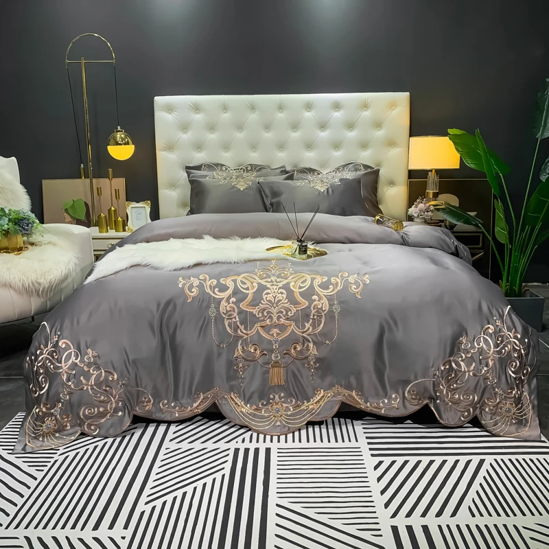 

Gray Embroidery 60S Satin Washed Silk Bedding Set Cotton Duvet Cover Bed Linen Fitted Sheet Pillowcases Bedclothes King Queen