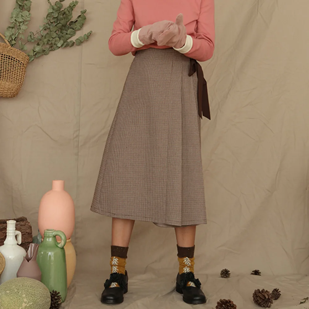 Осенняя элегантная клетчатая юбка цвета хаки в стиле ретро для девочек винтажная