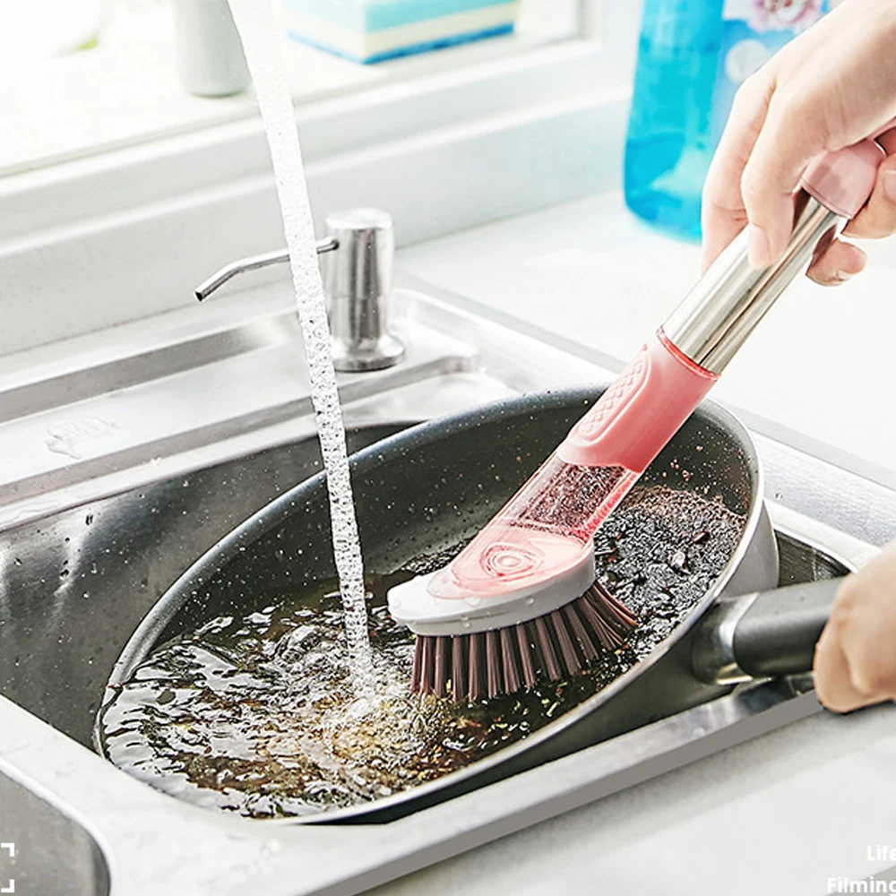 

3 in 1 long handle kitchen cleaning brush with removable brush sponge kitchen soap dispenser brush kitchen tool