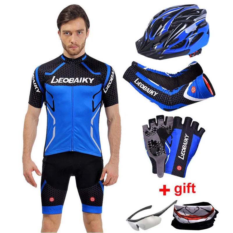 full set blue Mtb Pro Team Bicycle Clothes Men Mountain Bike Clothing Breathable Anti-UV Sport Wear Short Sleeve Cycling Jersey Shorts Sets - Цвет: full set blue