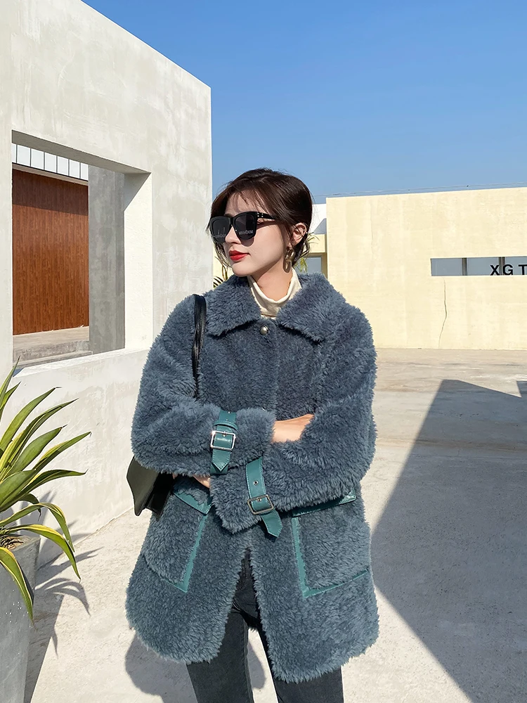 

Women 2021 Winter Fashion Mid-long Sheep Shearing Fur Coats Female Solid Color Loose Outwears Ladies Real Lamb Fur Jackets D687