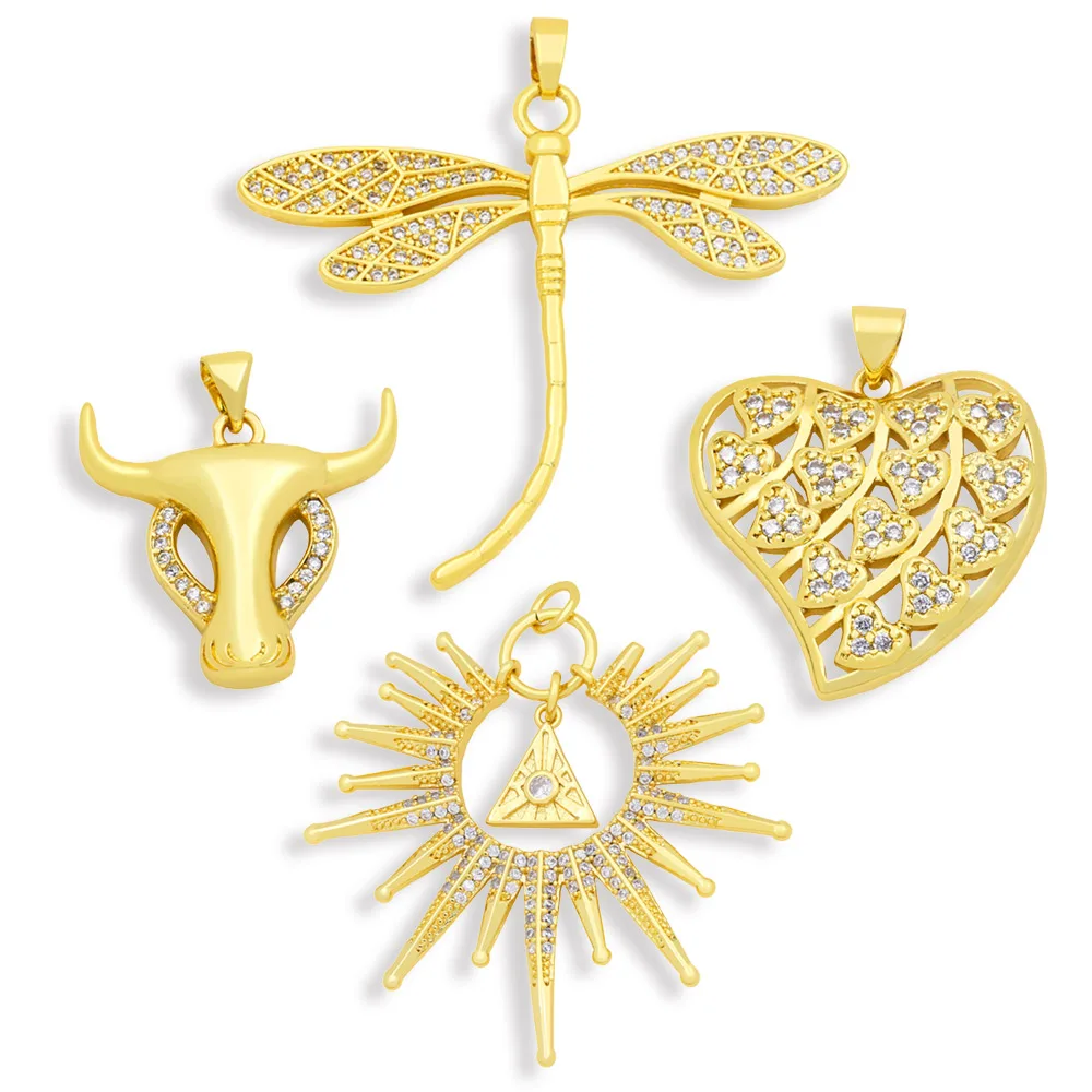 

OCESRIO Trendy Large 18K Gold Plated Copper Heart Dragonfly Pendants for Jewlery Making CZ Components for DIY pdta544