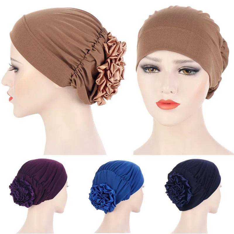 

Women's Muslim Hats Stretch Turban Large Flower Hat Chemo Hair Loss Head Scarf Wrap hijab scarf beanie turban headscarf Caps New