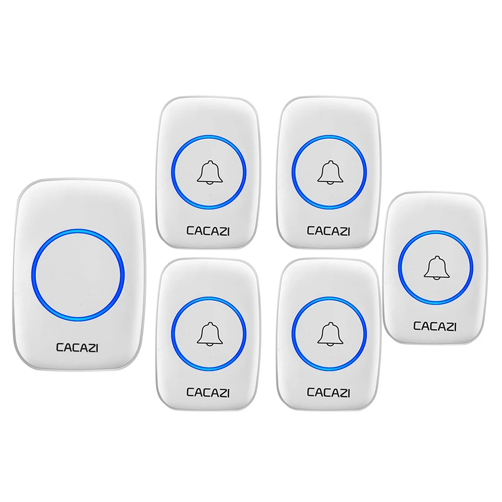 5 button 1 receiver Беспроводной дверной звонок CACAZI, водонепроницаемый, 3 батареи, передатчик, 1 приемник, США, ЕС, Великобритания, разъем AU, домашний беспроводной дверной звонок, 60 колокольчиков - Цвет: 5 button 1 receiver