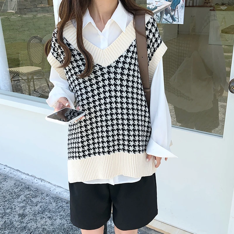 

Vrouwen 2020 Fashion Oversized Gebreide Vest Trui V-hals Mouwloos Houndstooth Losse Vrouwelijke Vest Chic Tops