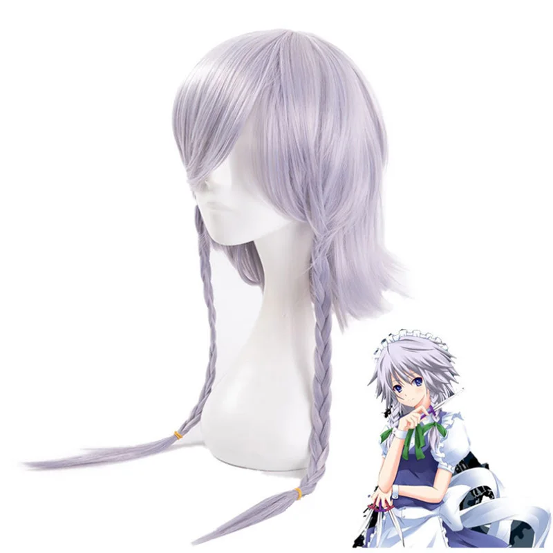 

Anime Project Reaper Genderbend Izayoi Sakuya Cosplay Costume Halloween Hair Silver grey Braided Wig