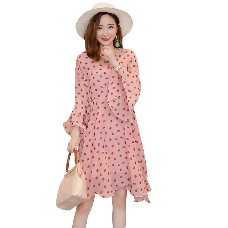 

Maternity Clothes Spring Summer Elegant Dot Floral Breastffeding Dresses Long Sleeve Chiffon Nursing Dress Pregnant Women Out