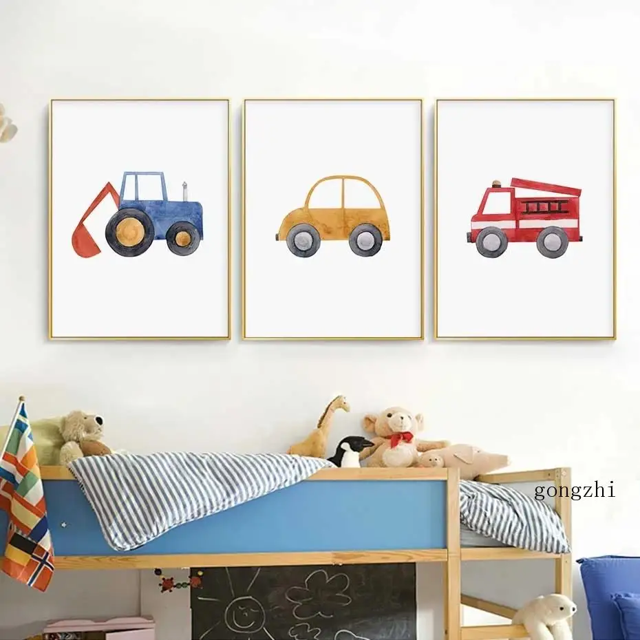 

Watercolor Cute Blue Tractor Fire Truck Posters Canvas Paintings and Prints Boy Room Wall Art Pictures Kids Room Home Decor Gift