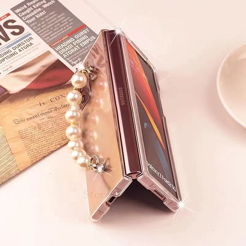 Girl Fashion Transparent Case For Samsung Galaxy Z FOLD 2 3 W21 5G Bling Crystal Pearl Diamond Bracelet Hand Chain Case Cover