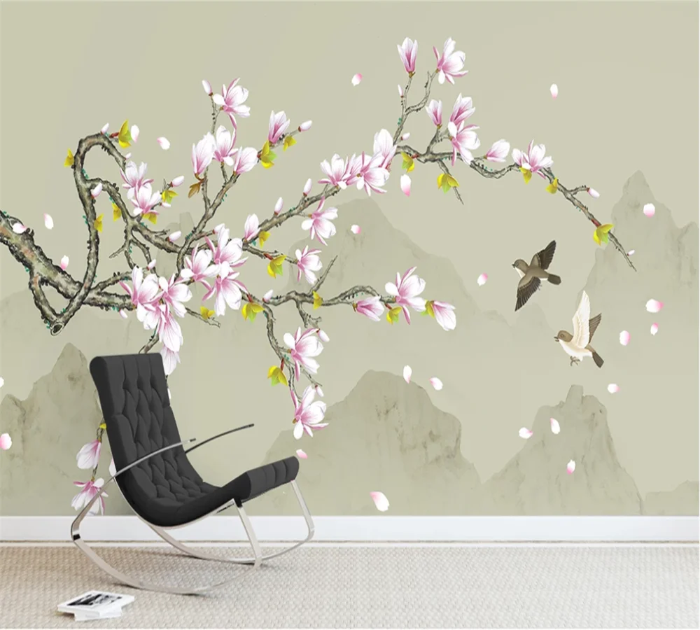 3D-обои на заказ роспись Магнолия Ручная цветы и птицы тщательные новый фон в