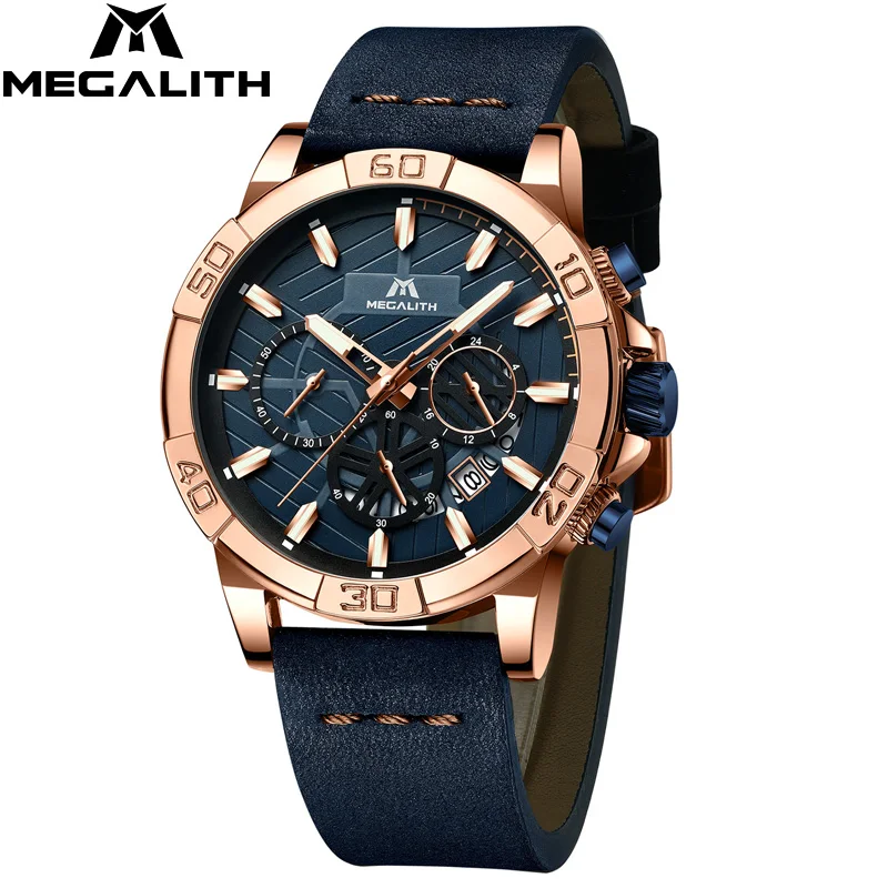 leather gold Montre homme MEGALITH часы Мужские Спортивные Хронограф водонепроницаемые часы мужские топ брендовые Роскошные светящиеся кожаные Наручные часы мужские - Цвет: leather gold