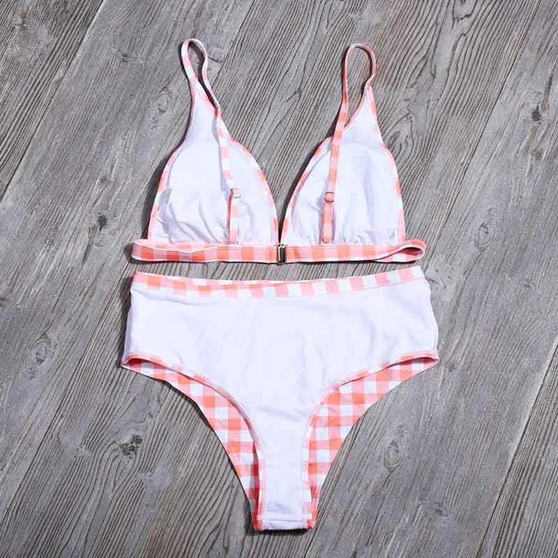 Новинка Одноцветный купальник в клетку женский с высокой талией принтом