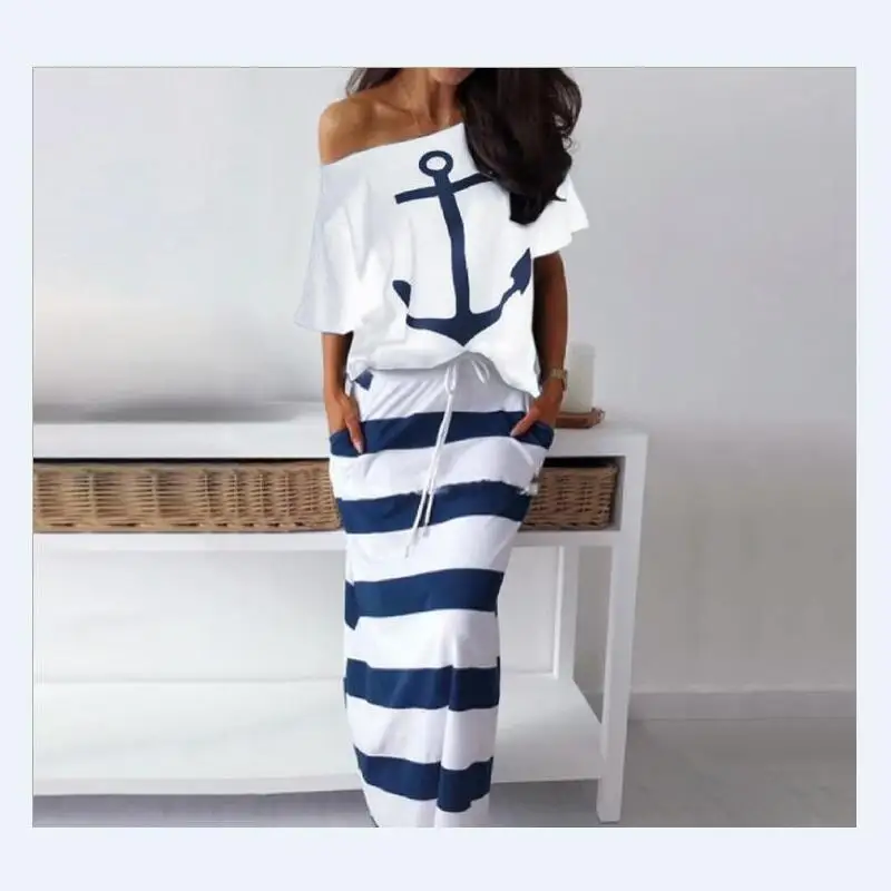 

casual 2 piece skirt suit women slash neck half sleeve top and striped long skirt casual outfit Hot sale