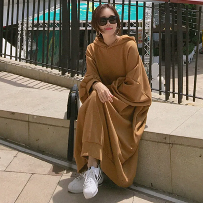 

2020 New Fashion Spring Autumn Over The Knee Long Hooded Sweatshirts Korean Loose Plus Size Dress BF Casual Hoodies 23B