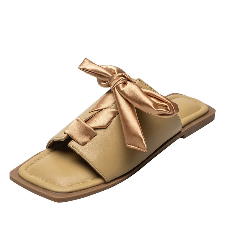 

2021 Summer Women Slipper Ladies Outdoor Elegant Soft-Volume Sandals Flat Casual Shoes Silk Bow Square Toes Big size41 42
