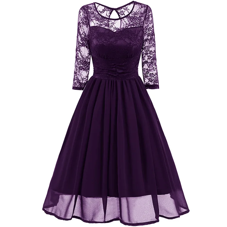 

Сетчатые шифоновые однотонные банкетные платья, женские элегантные весенние трапециевидные кружевные вечерние платья до колен с круглым в...