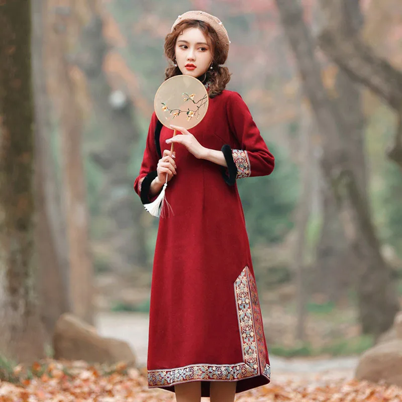 

Shanghai Story autumn winter Chinese Traditional Dress wine red Long Cheongsam women vintage vestido elegant Qipao