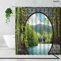 chinese arched door art scenery shower curtains green bamboo landscape flowers modern design bathroom waterproof bathtub curtain