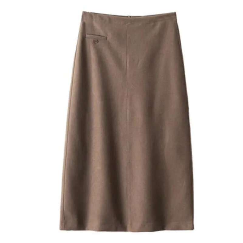 

Прямая осенне-зимняя женская юбка с высокой талией, однотонные повседневные шерстяные юбки до середины икры, женские элегантные винтажные ...