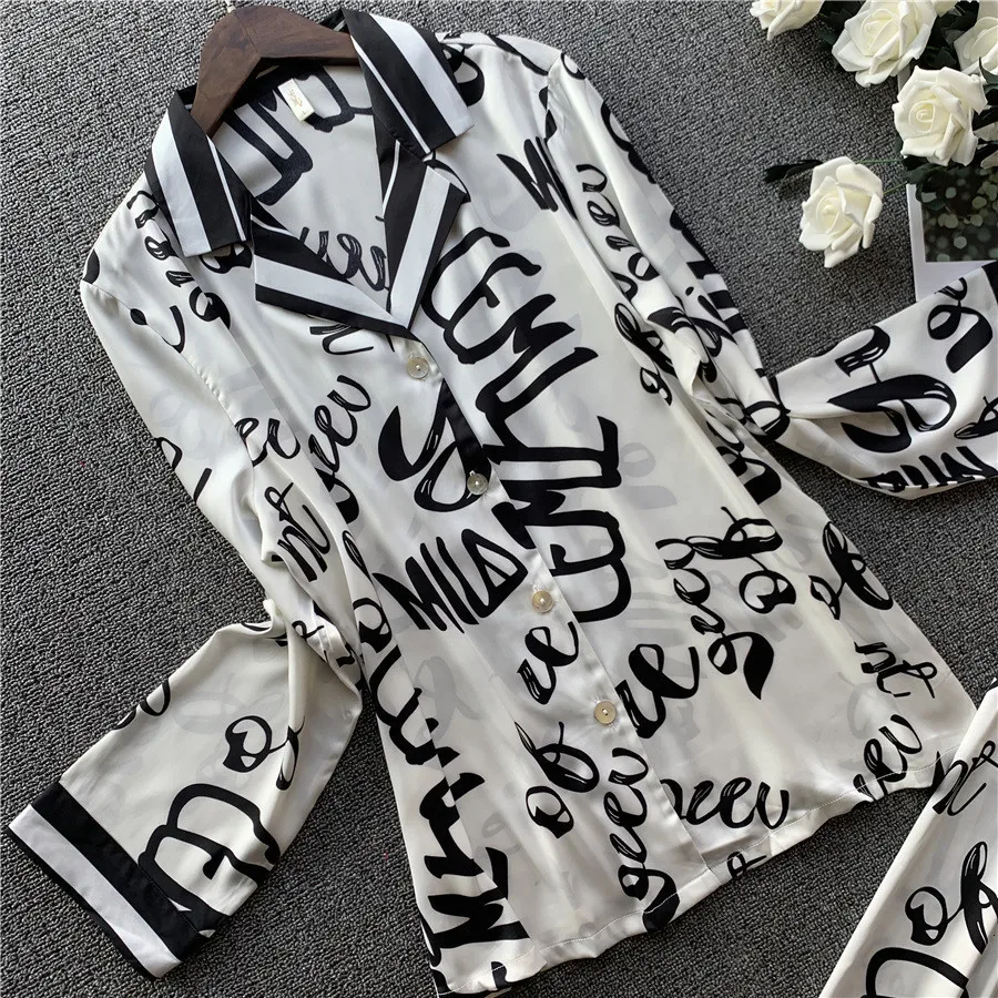 Модный пижамный комплект с принтом женские мягкие атласные пижамы длинным