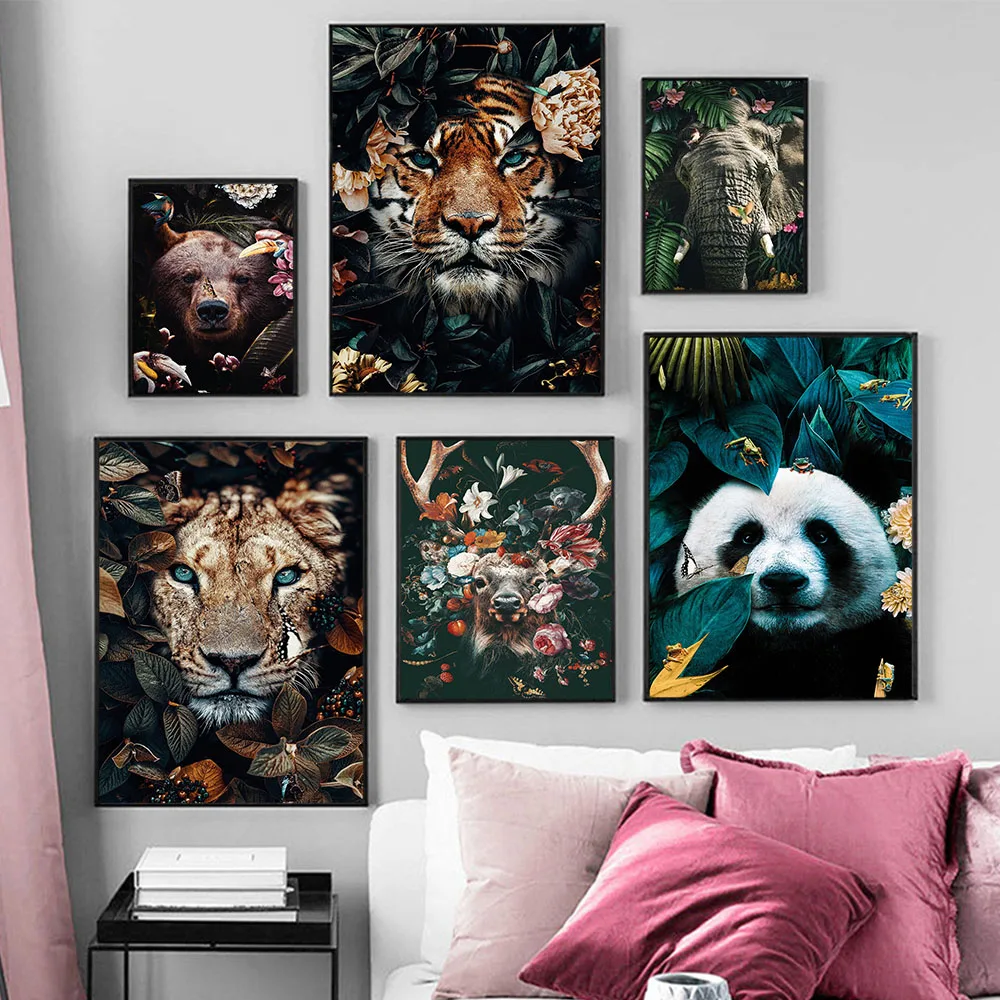

Lion Poster Tiger Elephant Elk Orangutan Animal In Flowers Picture Modern Classical Home Decorative HD Canvas Painting Wall Art