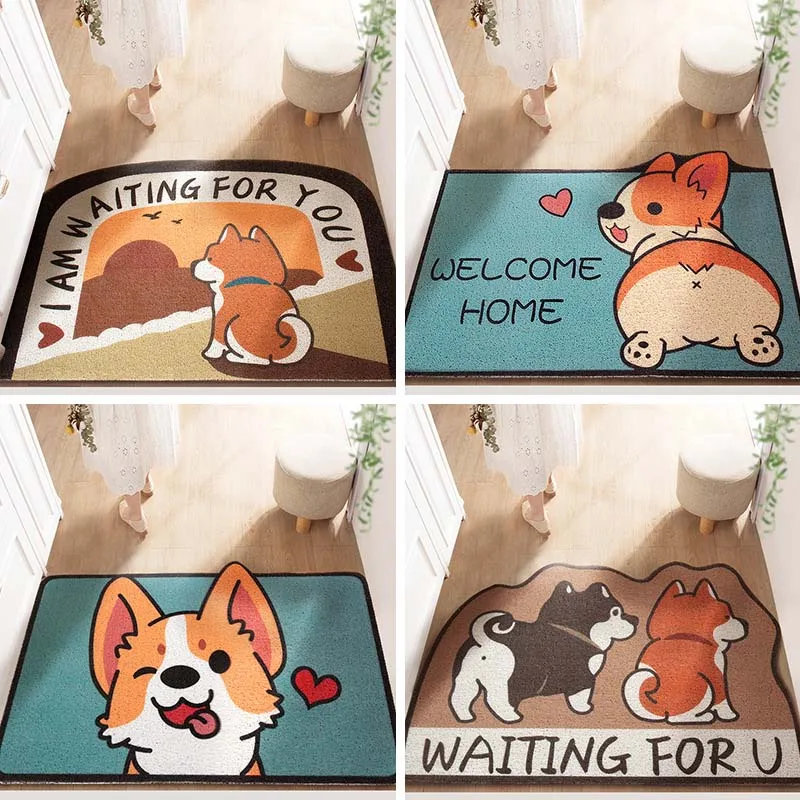 

Welcome Mat Entrance Cartoon Dog Non-Slip Floor Rugs Front Door Wire Enclosure Carpet Kitchen Rugs Floor Bedroom Mats 40*60cm/Pc