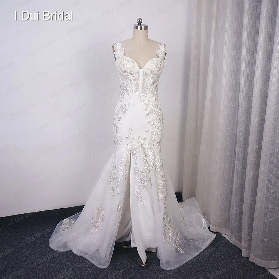 Mermaid Lace Wedding Dress with Silver Thread Floral Appliques Two Way Shoulder Strap Bridal Gown