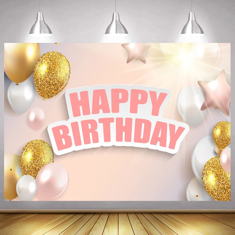 

Customized Happy Birthday Backdrop Gold Balloons Kids Baby Shower Girls Party Photography Background Decor Banner Studio