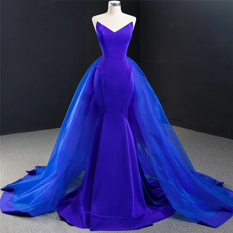 

Женское винтажное платье-русалка, синее длинное вечернее платье без рукавов, из органзы, со шлейфом, элегантное платье для выпускного вечер...