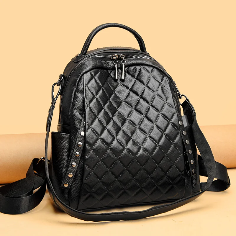 

Women Genuine Leather Backpack Lozenge Soft Real Cowhide Shoulder Bags Casual Large Capacity Travel Ladies Back pack School Bags
