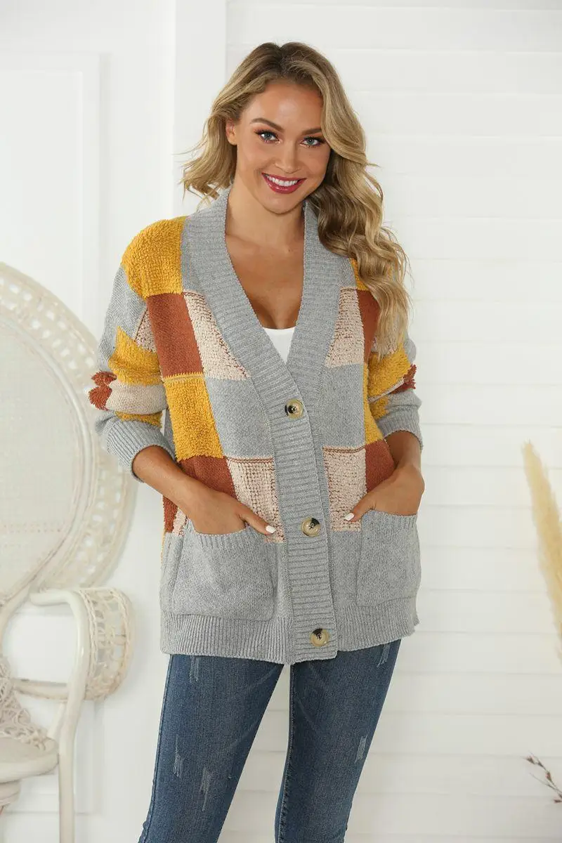 Женский кардиган в клетку с v образным вырезом Луи Джейсон теплый свитер на