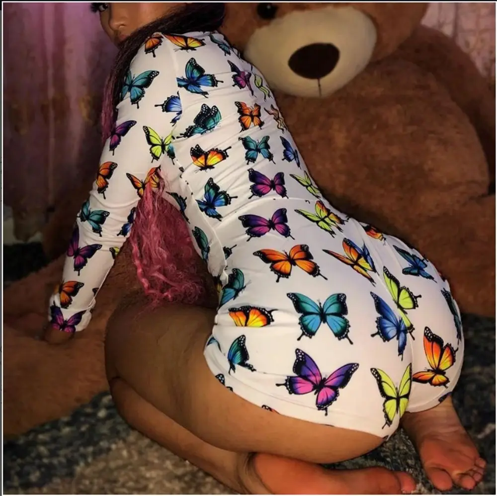 

Women Nightwear Sexy Onesies For Adults 2021 Newest Autumn Winter Long Sleeve V-neck Butterfly Pattern Print Pajama Rompers