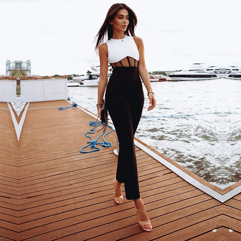 

Sesidy 2021 New Summer Women O Neck Bodycon Bandage Jumpsuits Sexy Tank Sleeveless & Long Pants Party Outwear Rompers Jumpsuits