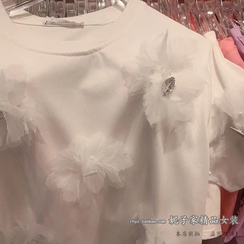 

2021 Summer New Korean Style Sweet Rhinestone Women T-shirt 3D Flower Loose Slim Ladies Top Short Sleeves Fashion Simple Tee