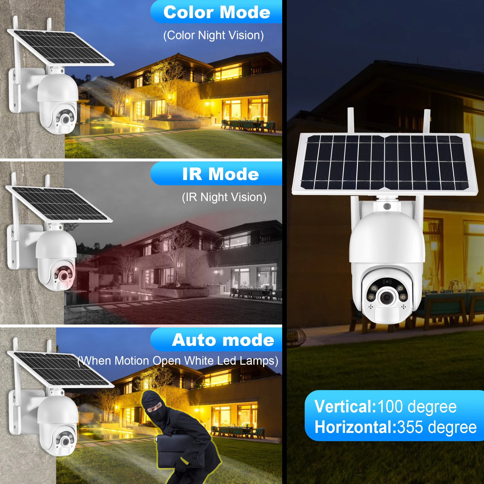 Gadinan Solar Security PTZ IP Camera 4G /WiFi 1080P Outdoor Wireless Two-Way Audio PIR Surveillance CCTV Motion Detection Camera