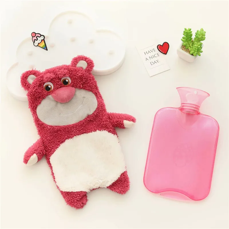 

1L Cute Strawberry Bear Rubber Hot Water Bottles Stress Pain Relief Therapy With Knitted Soft Cozy Cover Winter Warmer Heat
