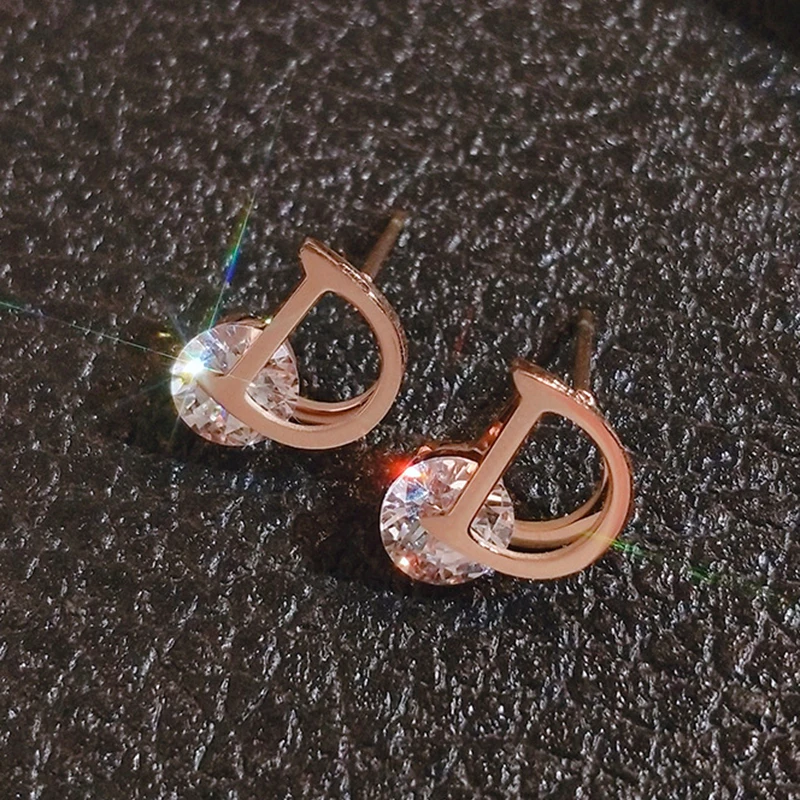 

New Fashion Fine 14K Real Gold Letter D Earrings for Women Original Design High Quality Jewelry AAA Zircon S925 Silver Needle