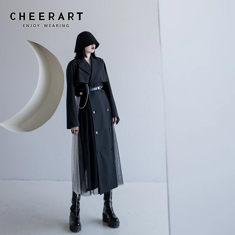 CHEERART Весна 2020 модельное Сетчатое пальто женское черное двубортное лоскутное