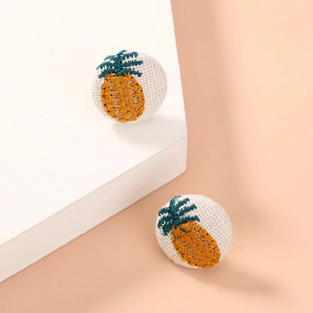 Ручной работы из ткани с рисунком ананаса серьги гвоздики для женщин круглый