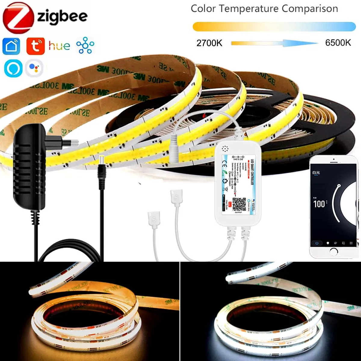 

Zigbee3.0 2700-6500K 24v 1-10M CCT COB LED Strip 520led/m Dimmable Backlight Light Lamp Tape Kit for Alexa Smartthings Hu*e Tuya