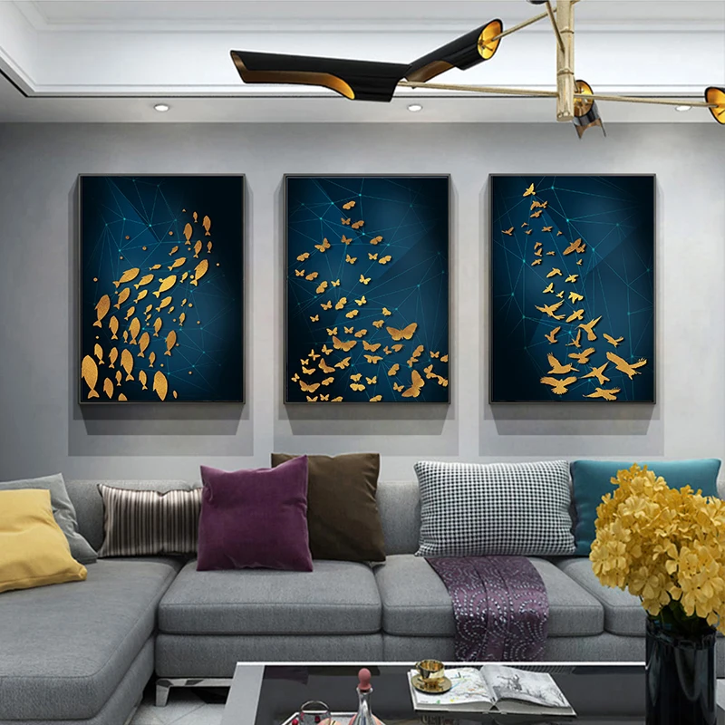Золотая рыбка Картина Бабочка синий холст картины абстрактные печать настенные