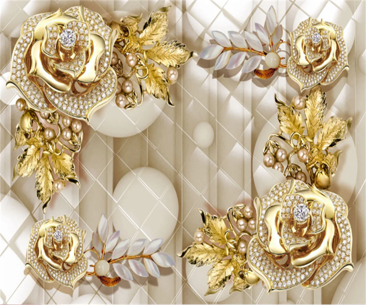 

European style beautiful luxury jewelry flowers 3D stereo TV sofa background wall stickers custom 3D self-adhesive mural papier