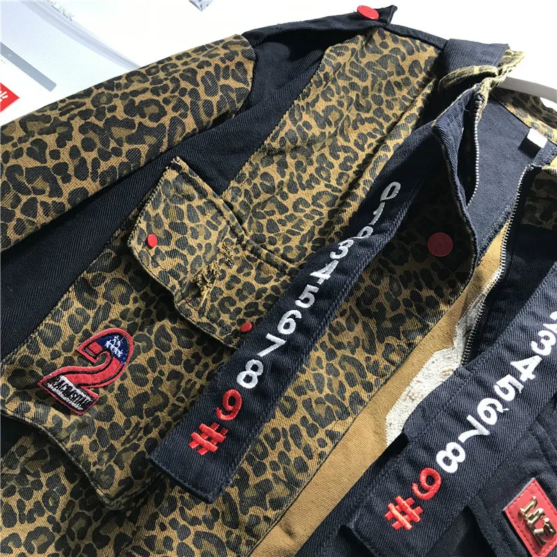 Джинсовая куртка женская с леопардовым принтом свободная короткая джинсовая